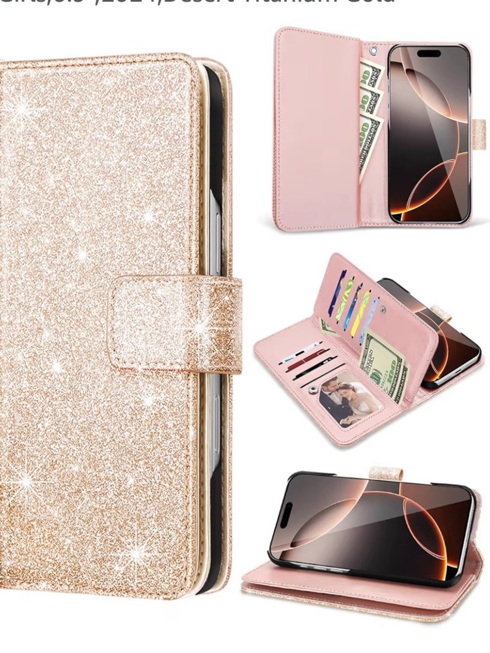 Glitter Wallet Phone Case - Rose Gold